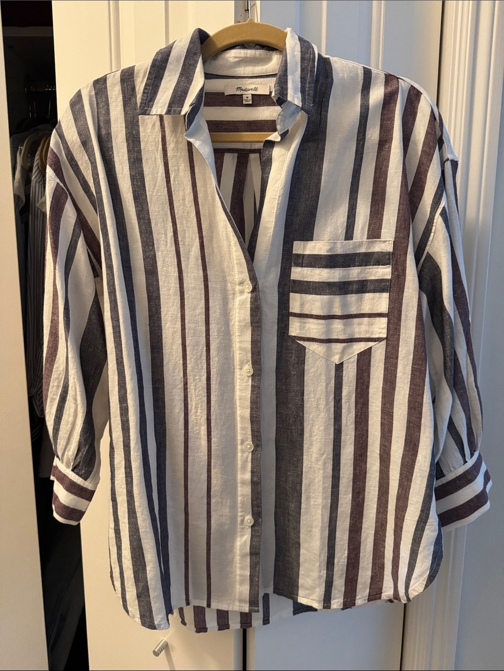 Madewell Shirred Striped Button-Up Shirt in Linen-Cotton
